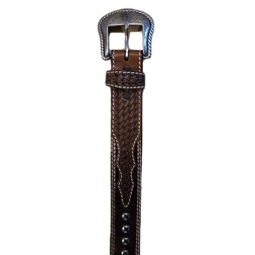 Belt Genuine Hand Tooled Leather Brown Studded Hair Sz 38 See Pics Measurement